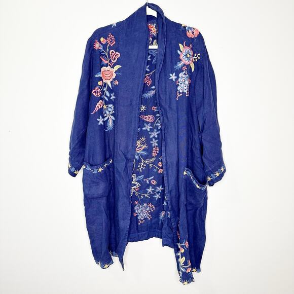 Johnny Was Women Cardigan Tivva Linen Embroidered Floral 3/4 Sleeve Navy Size 1X - Picture 2 of 8